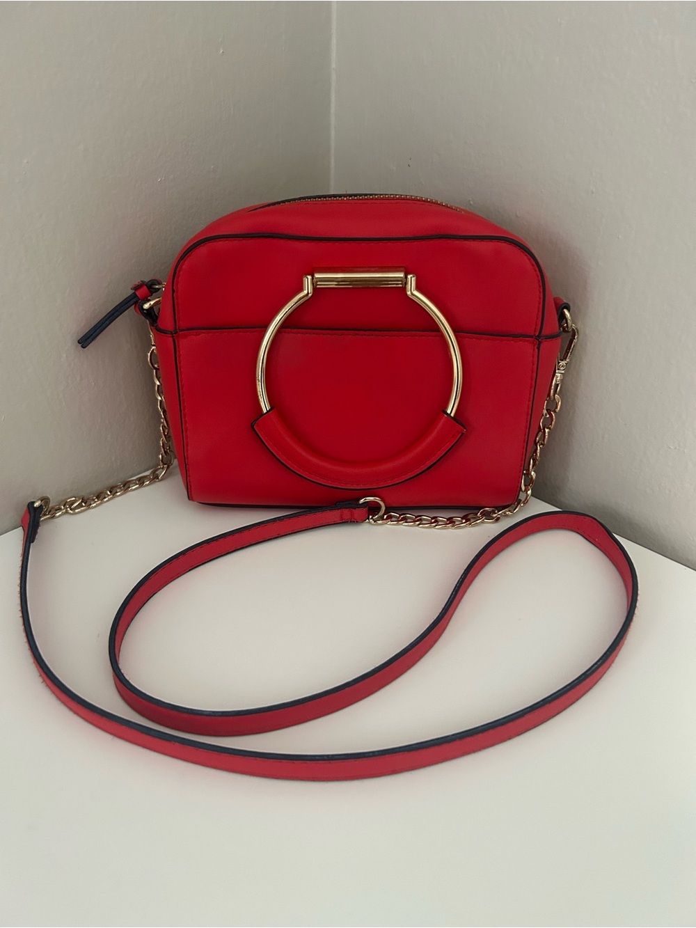 Red Crossbody Bag Removable Crossbody and Gold Ring Handle Top Handle Purse